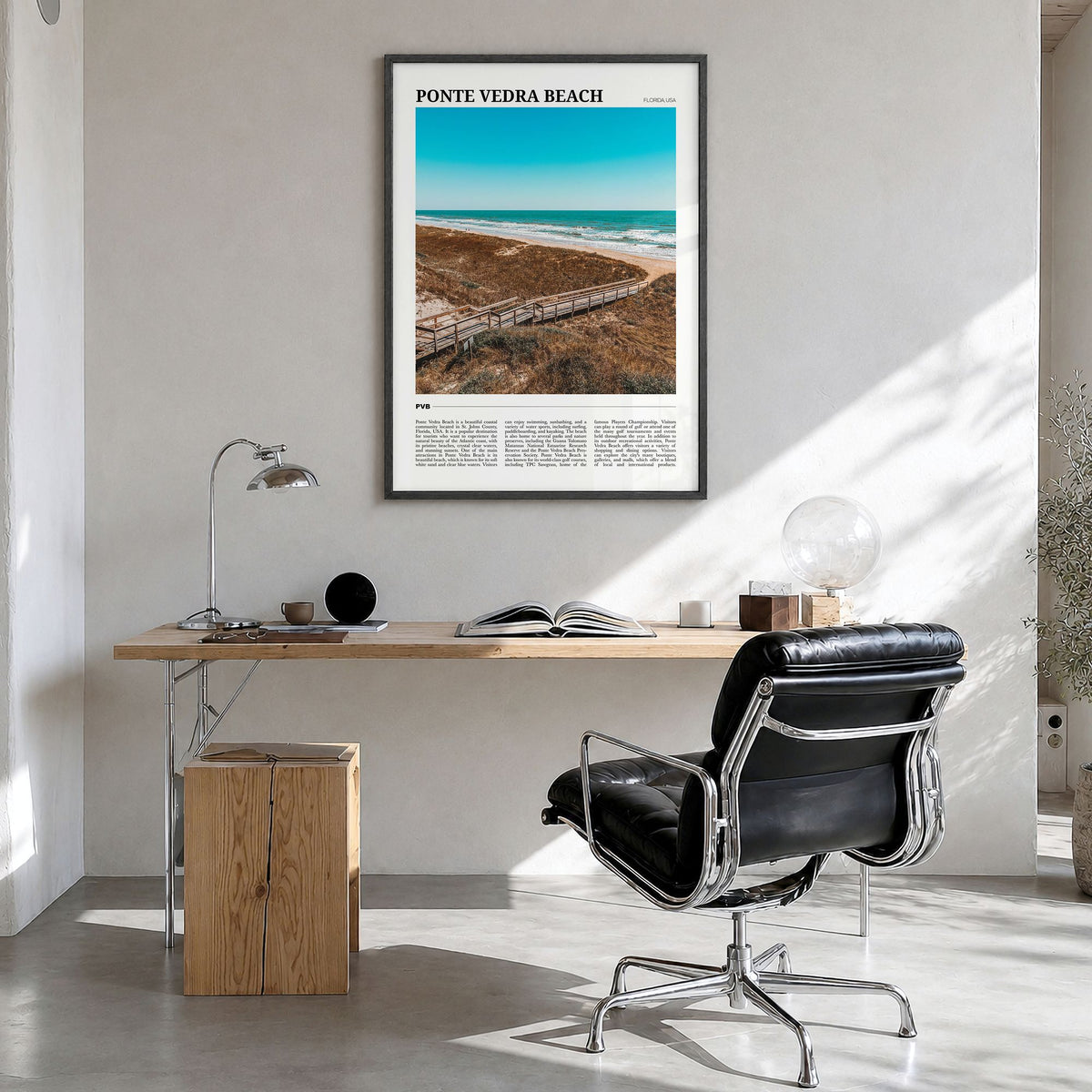 Ponte Vedra Beach Travel Poster in a black wood frame, hanging in a bright home office