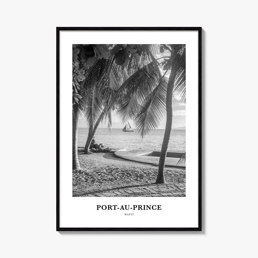 Port-au-Prince black & white classic poster of Haiti – vertical wall art, unframed print shown in interior mockup