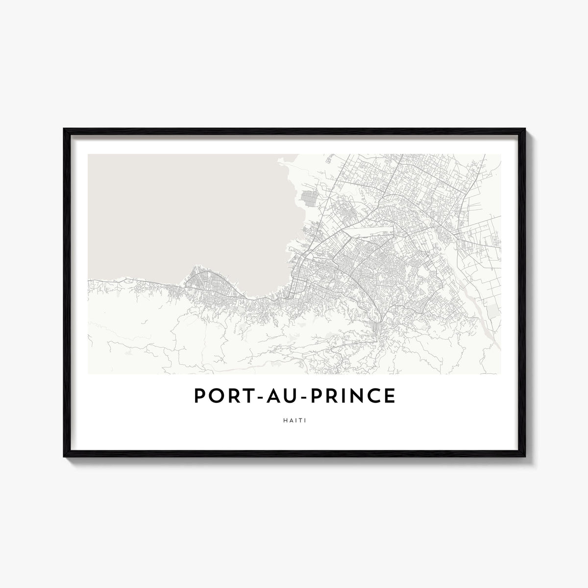 Port-au-Prince black & white map poster of Haiti – horizontal wall art, unframed print shown in interior mockup