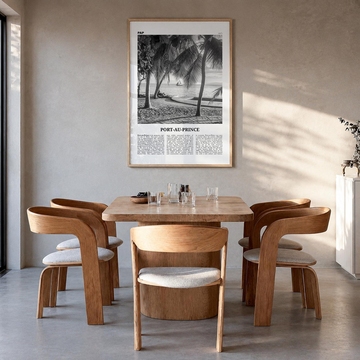 Port-au-Prince black & white newspaper poster of Haiti – vertical wall art in natural wood frame, hanging on wall