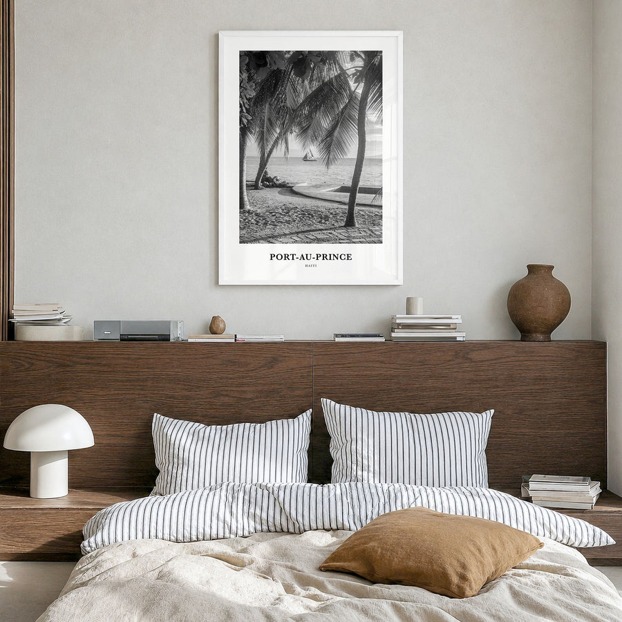 Port-au-Prince Classic Poster in a white wood frame, hanging in a bedroom