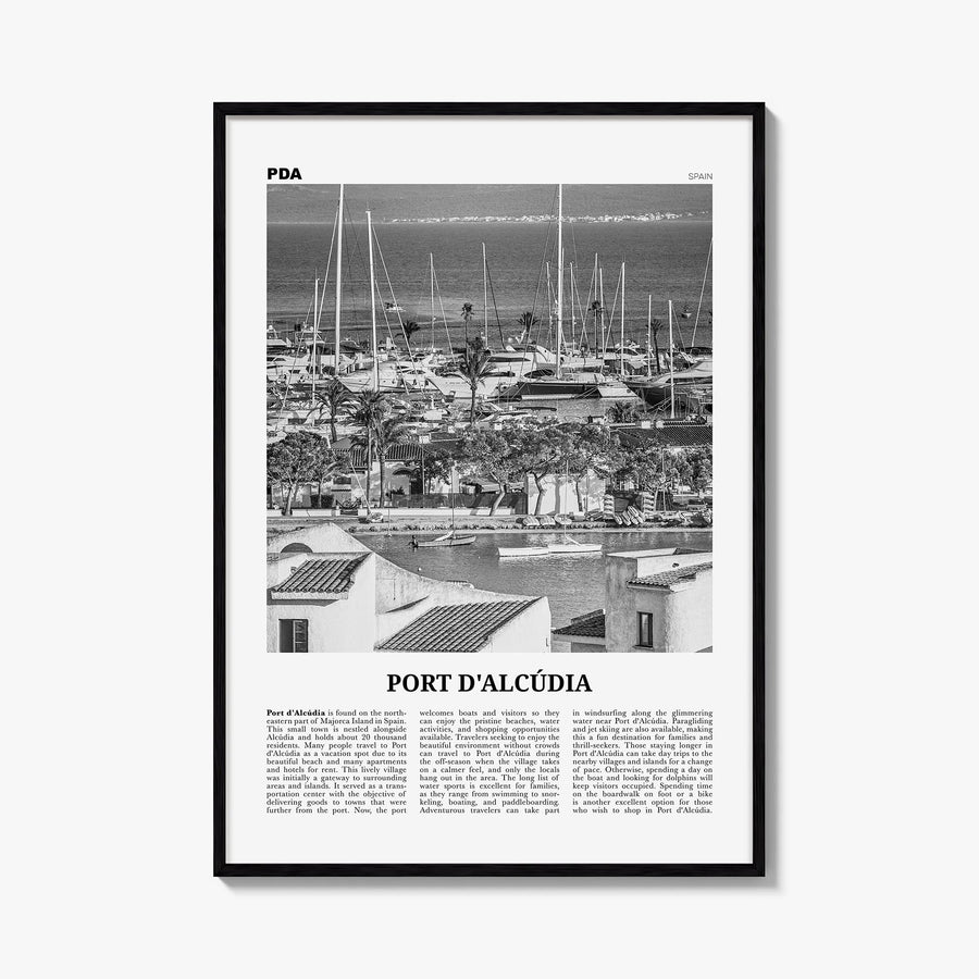 Port d'Alcúdia no. 1 black & white newspaper poster of Spain – vertical wall art, unframed print shown in interior mockup
