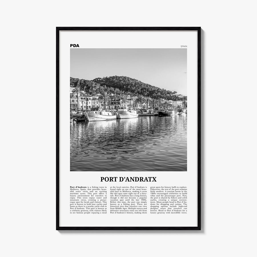 Port d'Andratx black & white newspaper poster of Spain – vertical wall art, unframed print shown in interior mockup