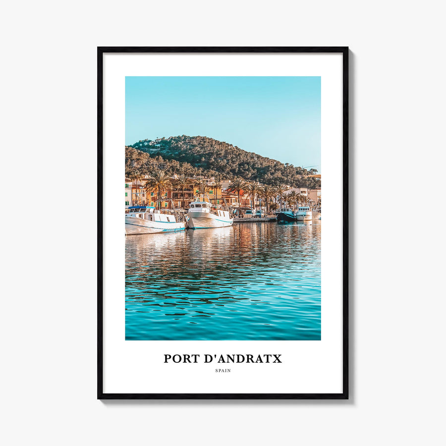 Port d'Andratx colorful classic poster of Spain – vertical wall art, unframed print shown in interior mockup