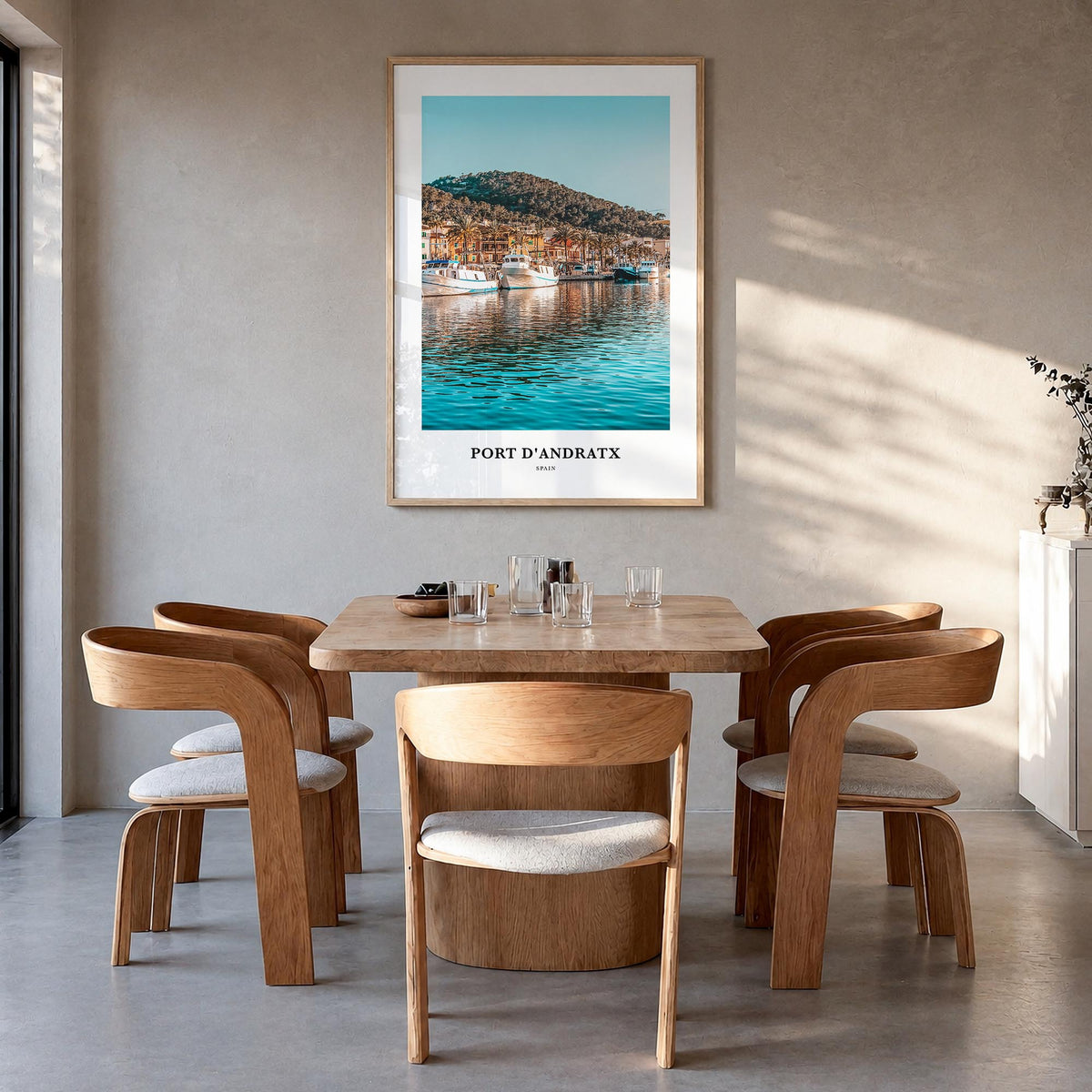 Port d'Andratx colorful classic poster of Spain – vertical wall art in natural wood frame, hanging on wall