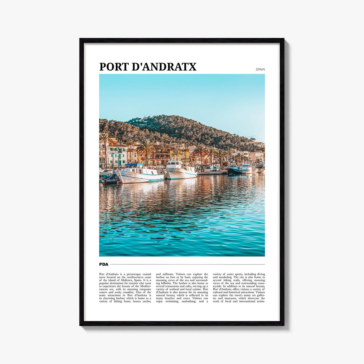 Port d'Andratx colorful travel poster of Spain – vertical wall art, unframed print shown in interior mockup