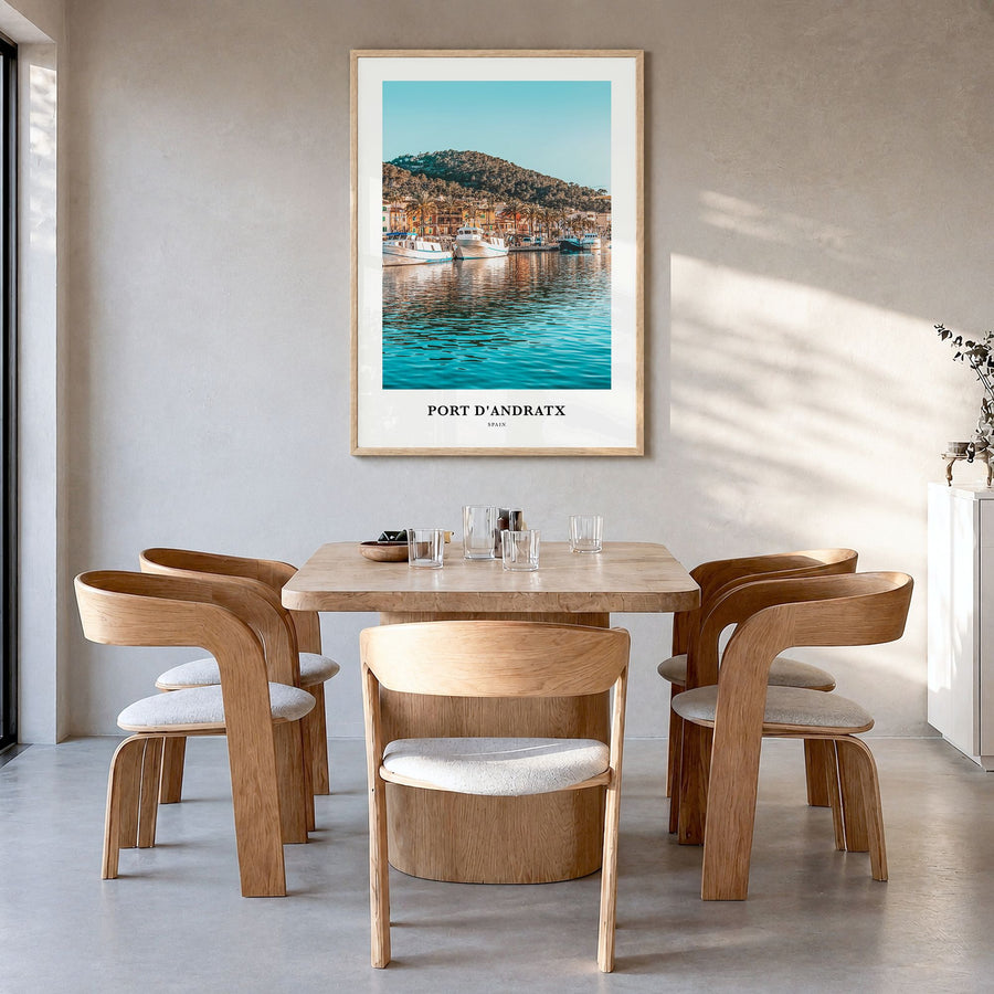 Port d'Andratx Classic Poster in a natural wood frame, hanging in a dining room