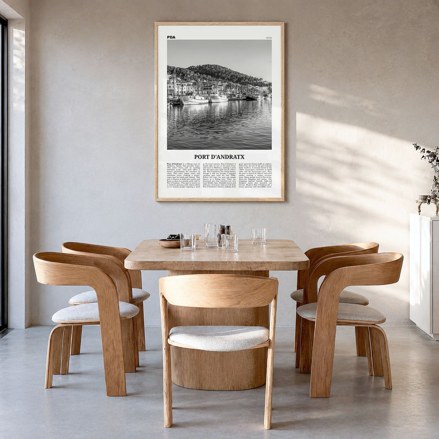 Port d'Andratx Newspaper Poster in a natural wood frame, hanging in a dining room