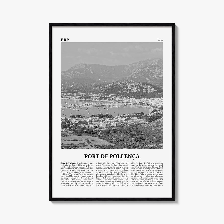 Port de Pollença no. 1 black & white newspaper poster of Spain – vertical wall art, unframed print shown in interior mockup