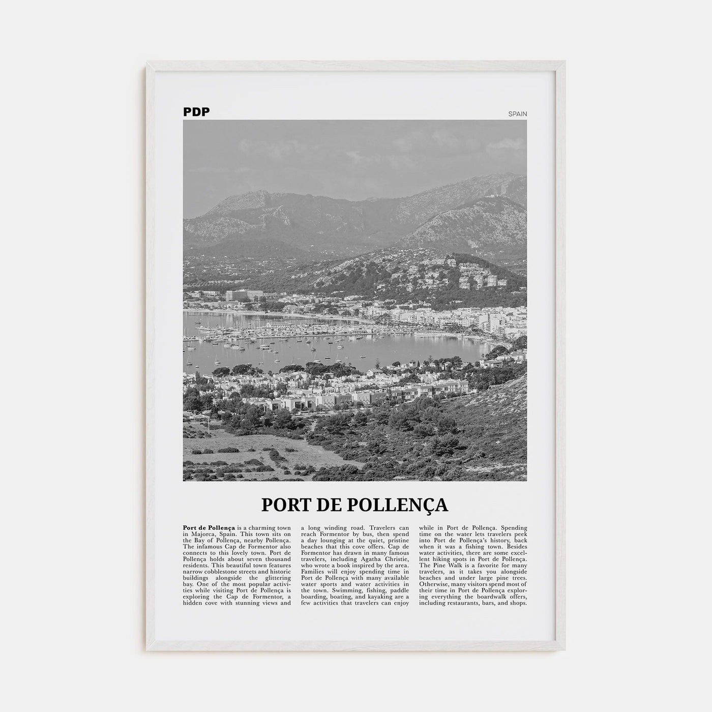 Port de Pollença Poster White Wood / 8x12 in Nbourhood Travel B&W Poster