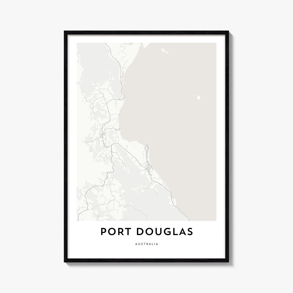 Port Douglas black & white map poster of Queensland, Australia – vertical wall art, unframed print shown in interior mockup