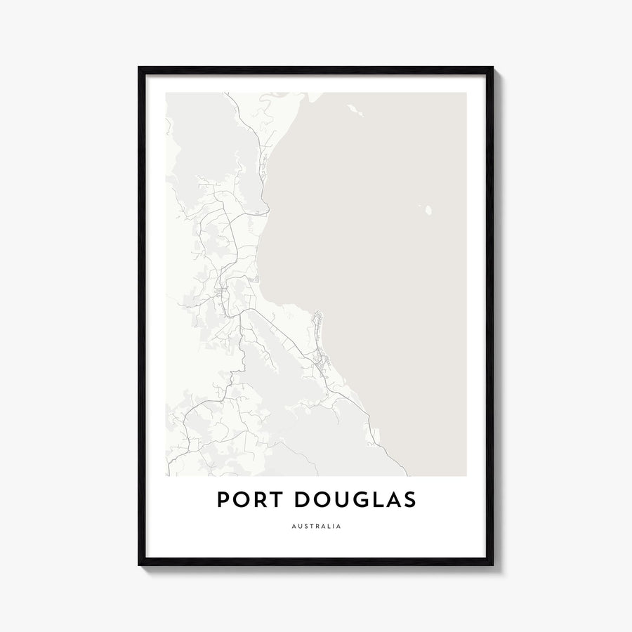 Port Douglas black & white map poster of Queensland, Australia – vertical wall art, unframed print shown in interior mockup