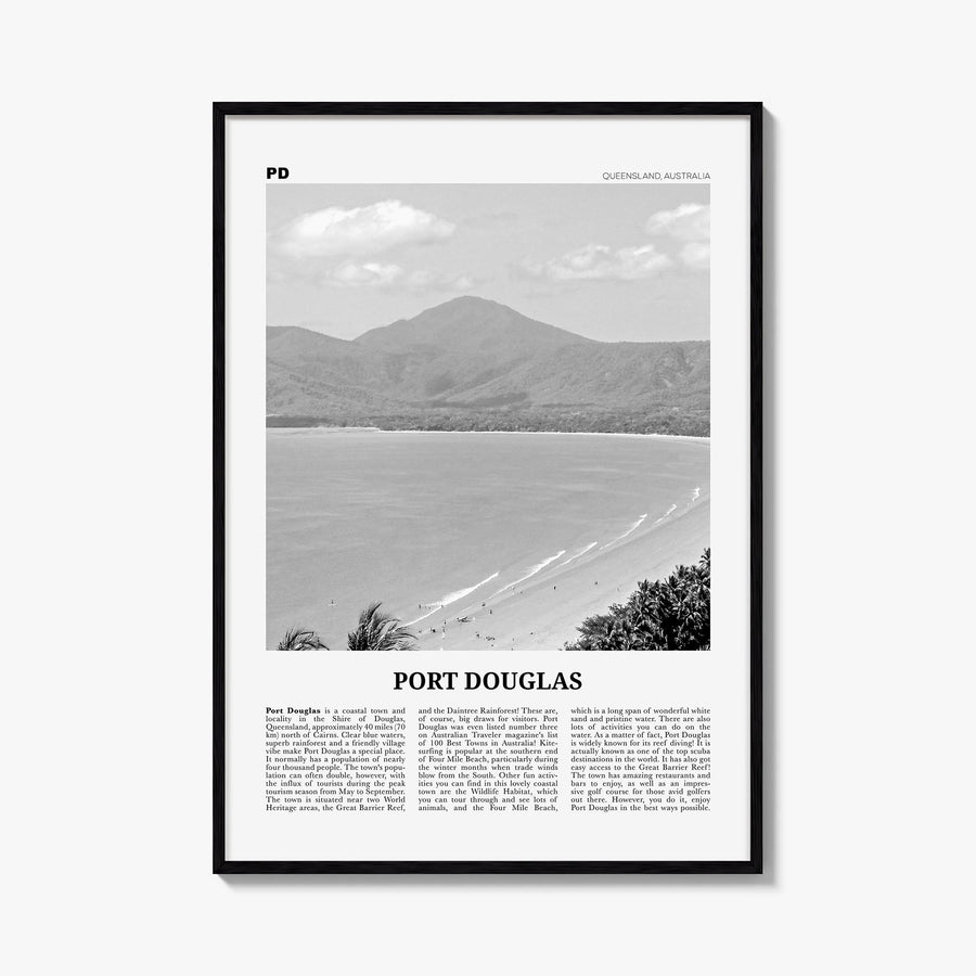 Port Douglas black & white newspaper poster of Queensland, Australia – vertical wall art, unframed print shown in interior mo