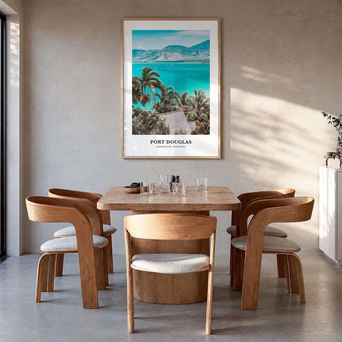 Port Douglas colorful classic poster of Queensland, Australia – vertical wall art in natural wood frame, hanging on wall