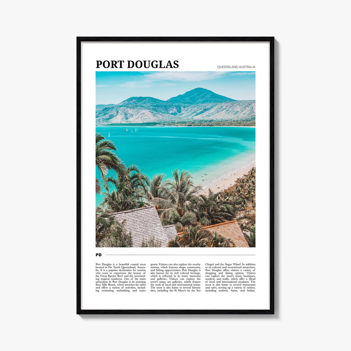 Port Douglas colorful travel poster of Queensland, Australia – vertical wall art, unframed print shown in interior mockup