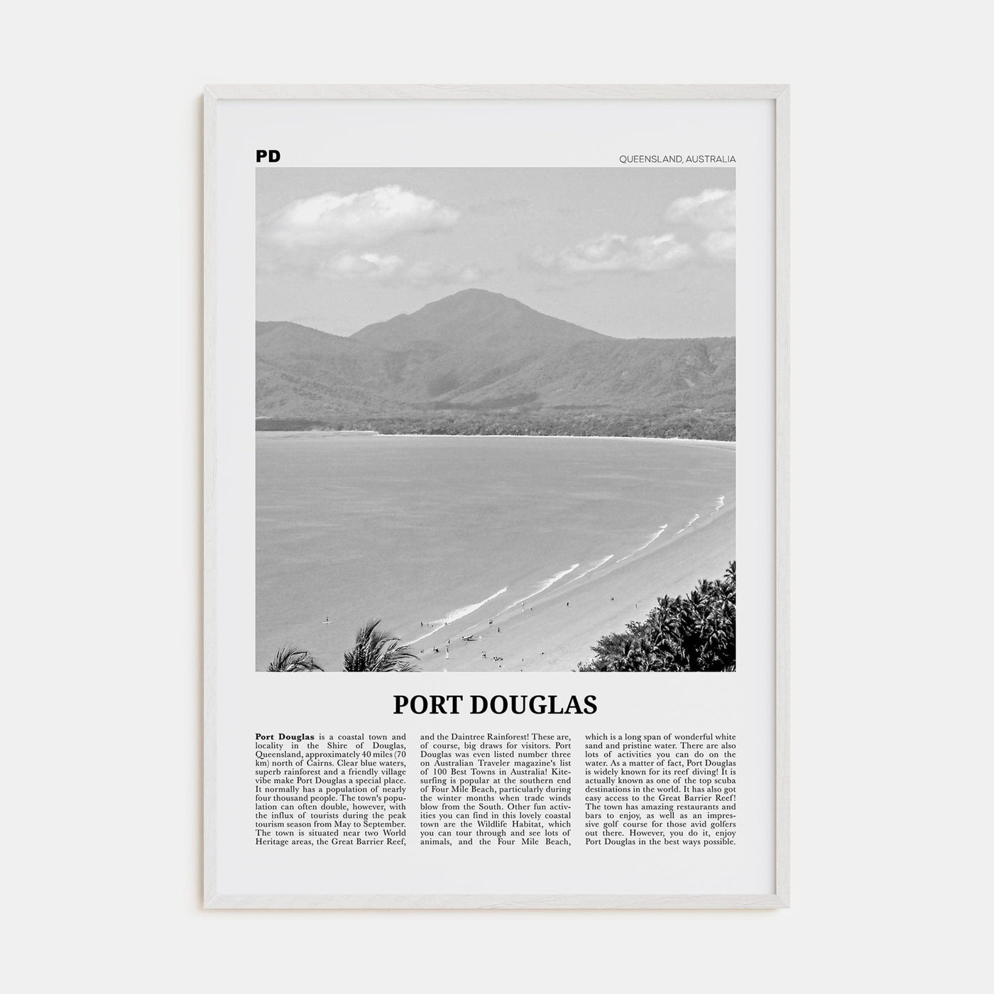 Port Douglas Poster White Wood / 8x12 in Nbourhood Travel B&W Poster