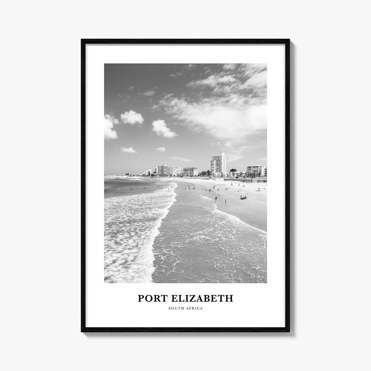 Port Elizabeth black & white classic poster of South Africa – vertical wall art, unframed print shown in interior mockup