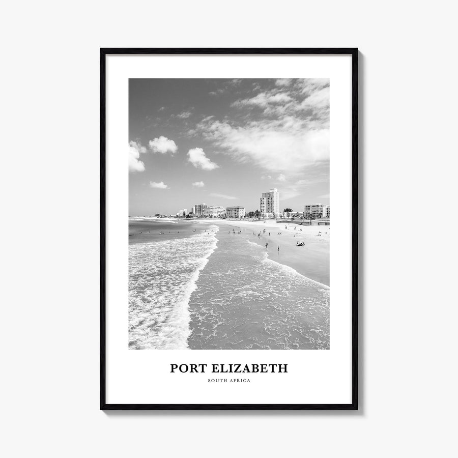 Port Elizabeth black & white classic poster of South Africa – vertical wall art, unframed print shown in interior mockup