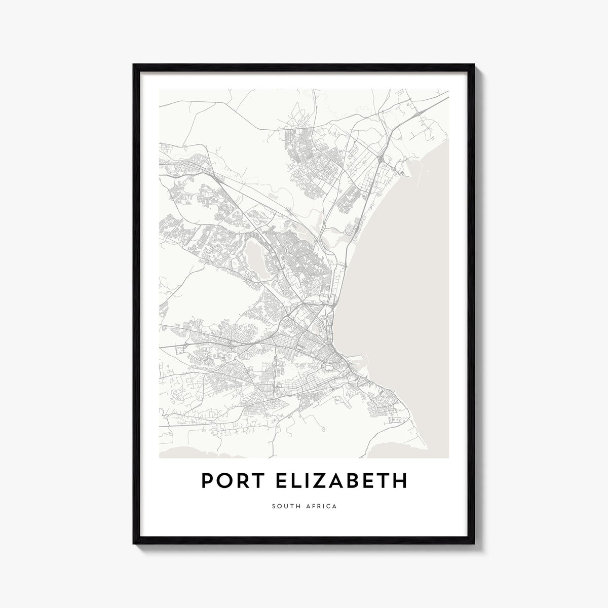 Port Elizabeth black & white map poster of South Africa – vertical wall art, unframed print shown in interior mockup