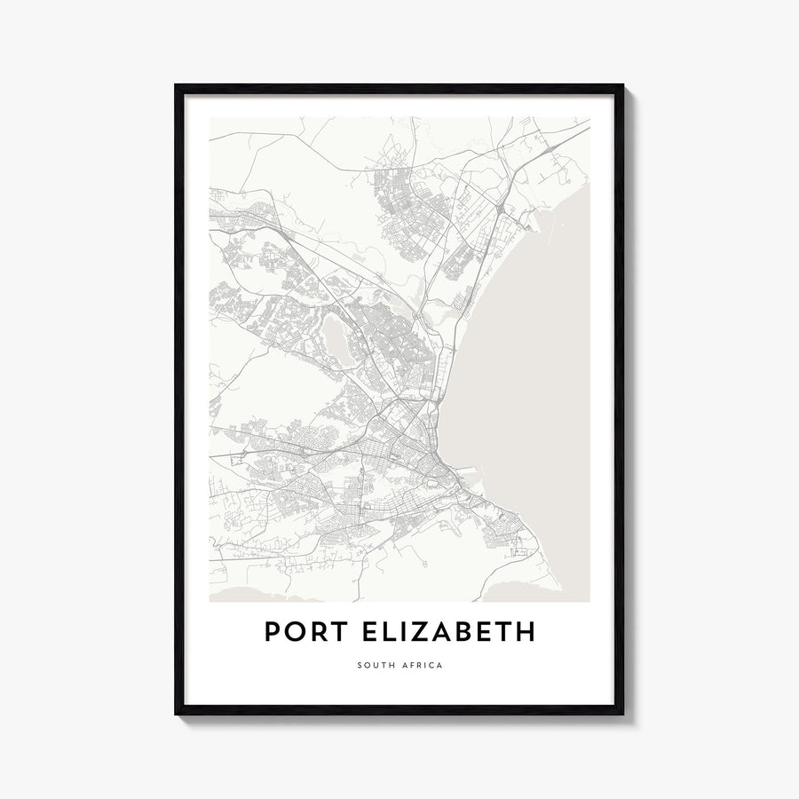 Port Elizabeth black & white map poster of South Africa – vertical wall art, unframed print shown in interior mockup