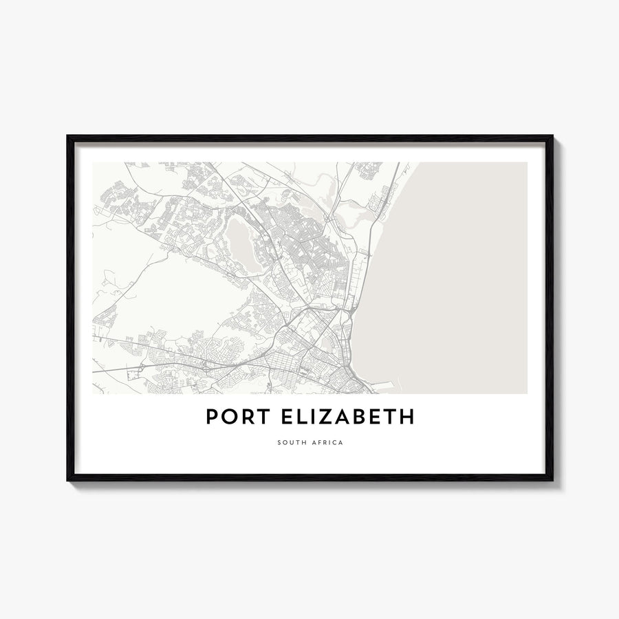 Port Elizabeth black & white map poster of South Africa – horizontal wall art, unframed print shown in interior mockup