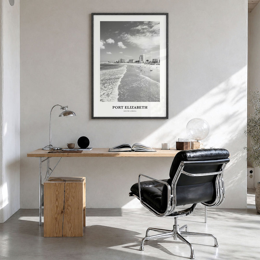 Port Elizabeth Classic Poster in a black wood frame, hanging in a bright home office