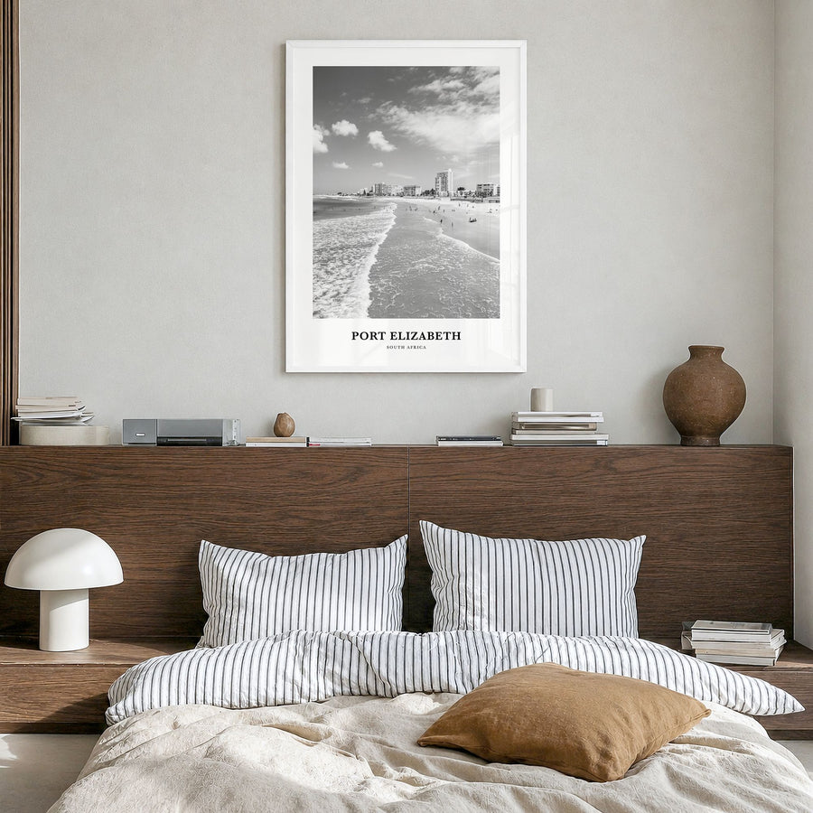 Port Elizabeth Classic Poster in a white wood frame, hanging in a bedroom