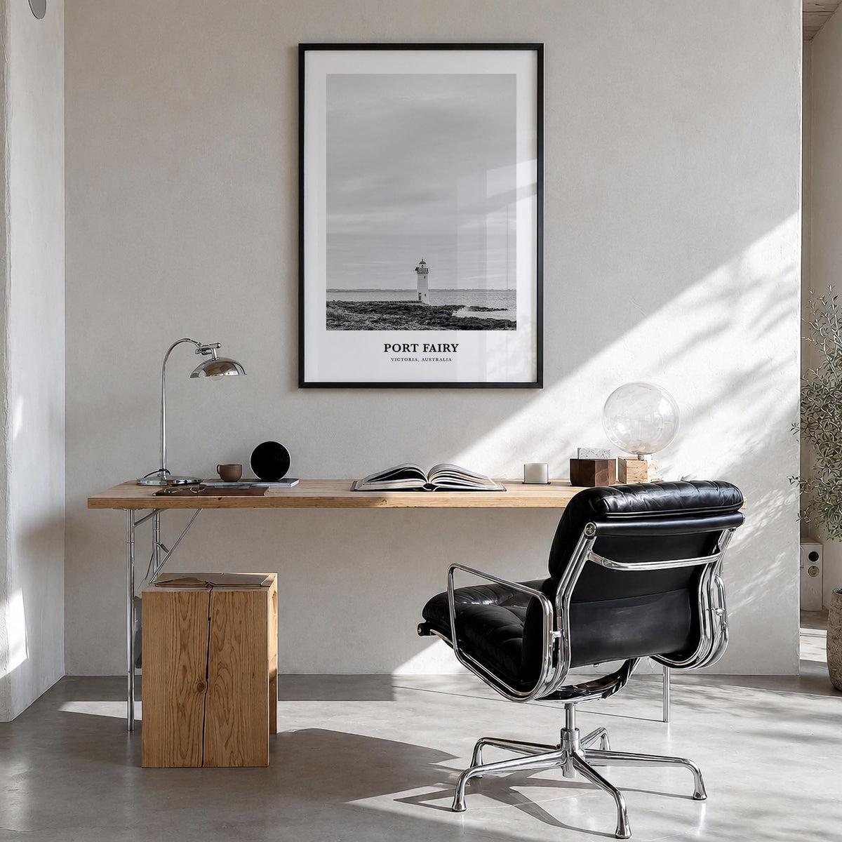 Port Fairy black & white classic poster of Victoria, Australia – vertical wall art in black wood frame, hanging on wall