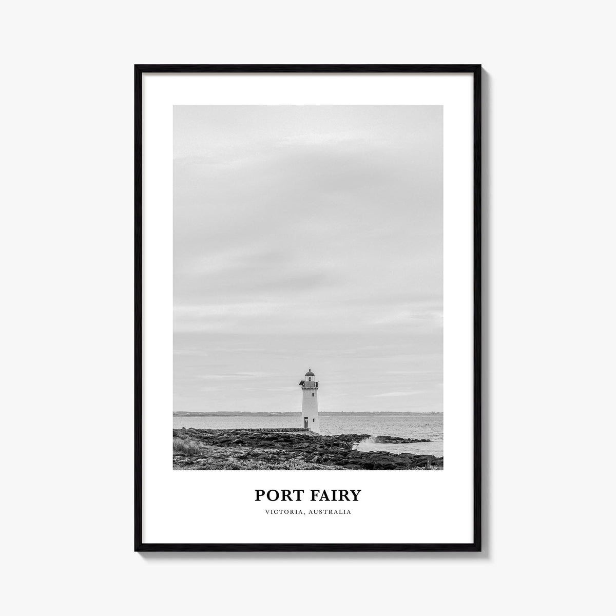 Port Fairy black & white classic poster of Victoria, Australia – vertical wall art, unframed print shown in interior mockup
