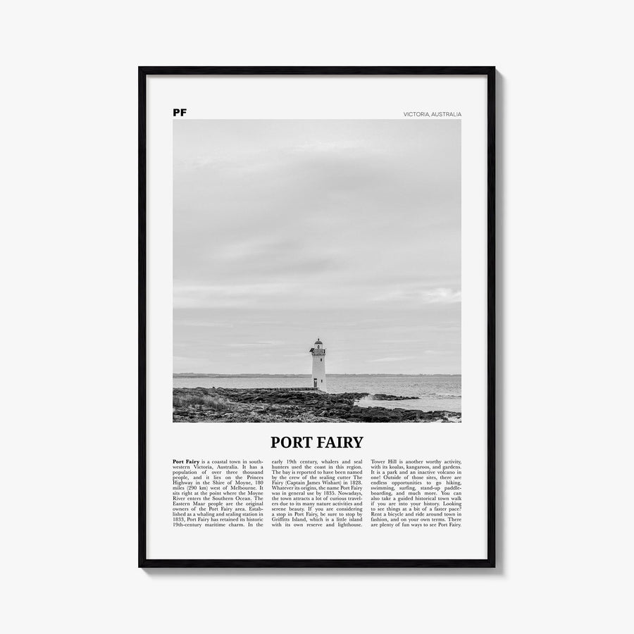 Port Fairy black & white newspaper poster of Victoria, Australia – vertical wall art, unframed print shown in interior mockup