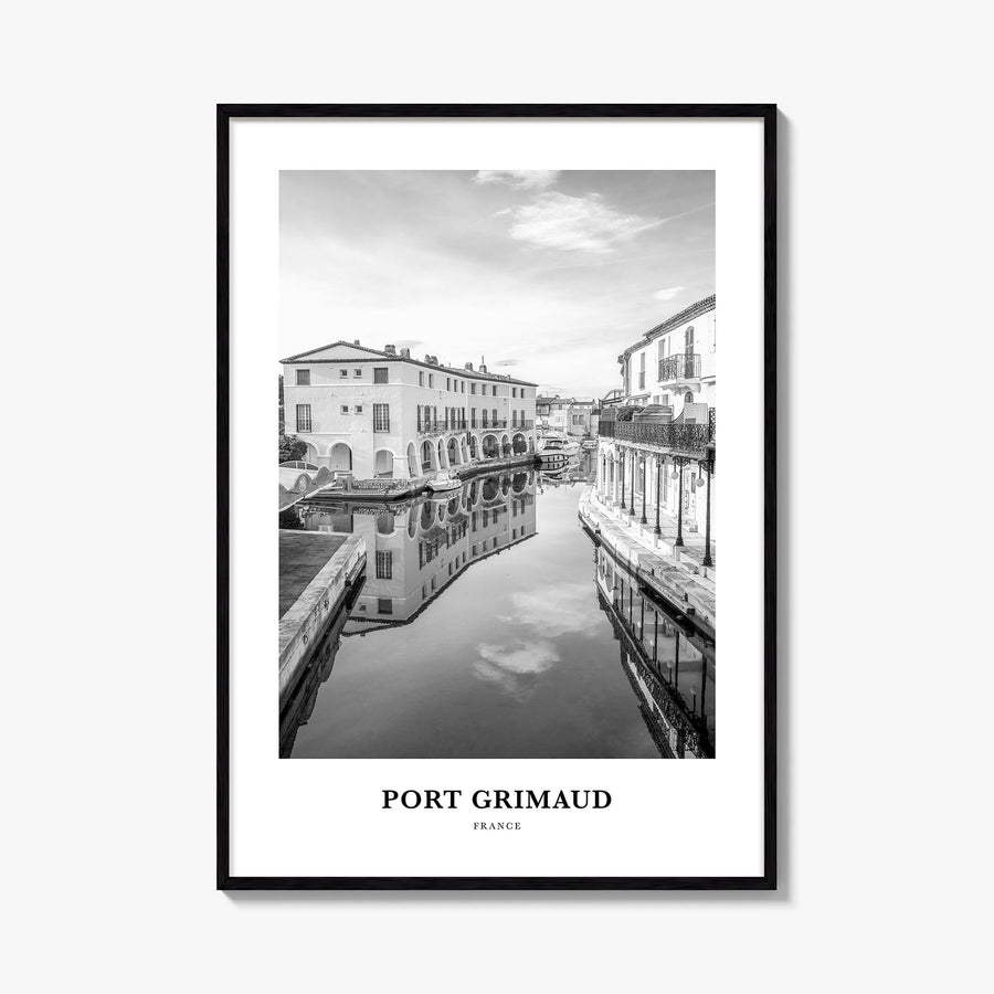 Port Grimaud black & white classic poster of France – vertical wall art, unframed print shown in interior mockup