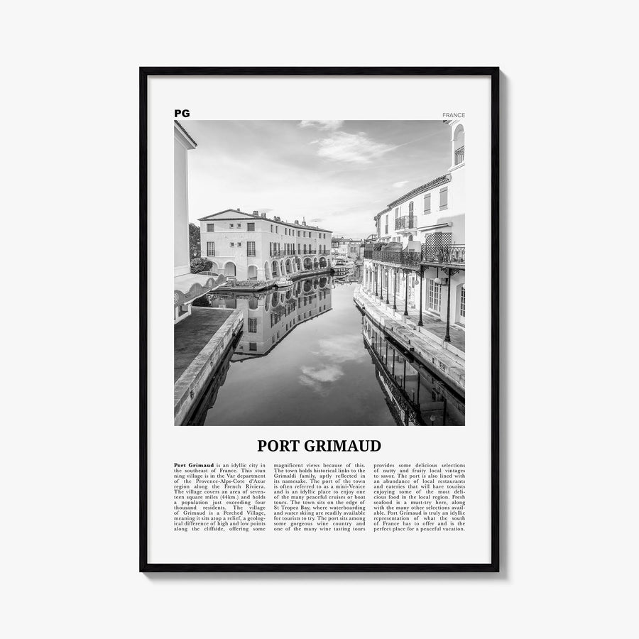 Port Grimaud black & white newspaper poster of France – vertical wall art, unframed print shown in interior mockup