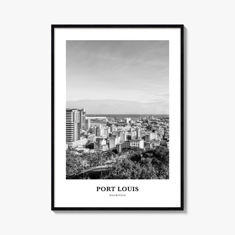 Port Louis black & white classic poster of Mauritius – vertical wall art, unframed print shown in interior mockup