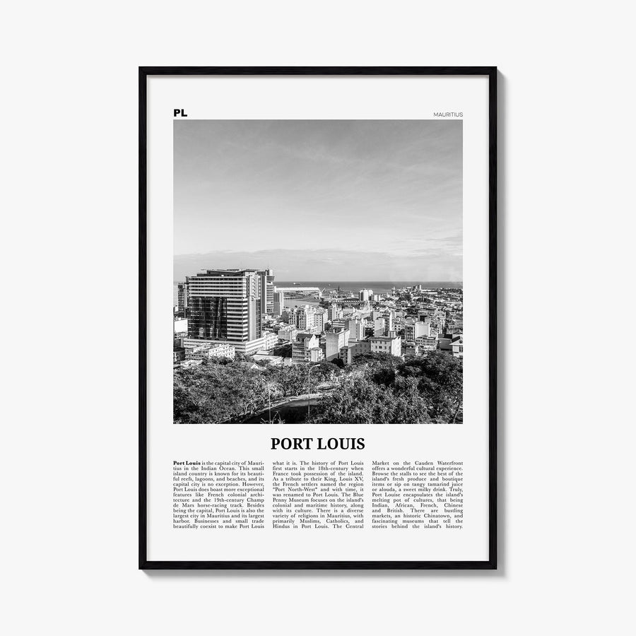 Port Louis black & white newspaper poster of Mauritius – vertical wall art, unframed print shown in interior mockup