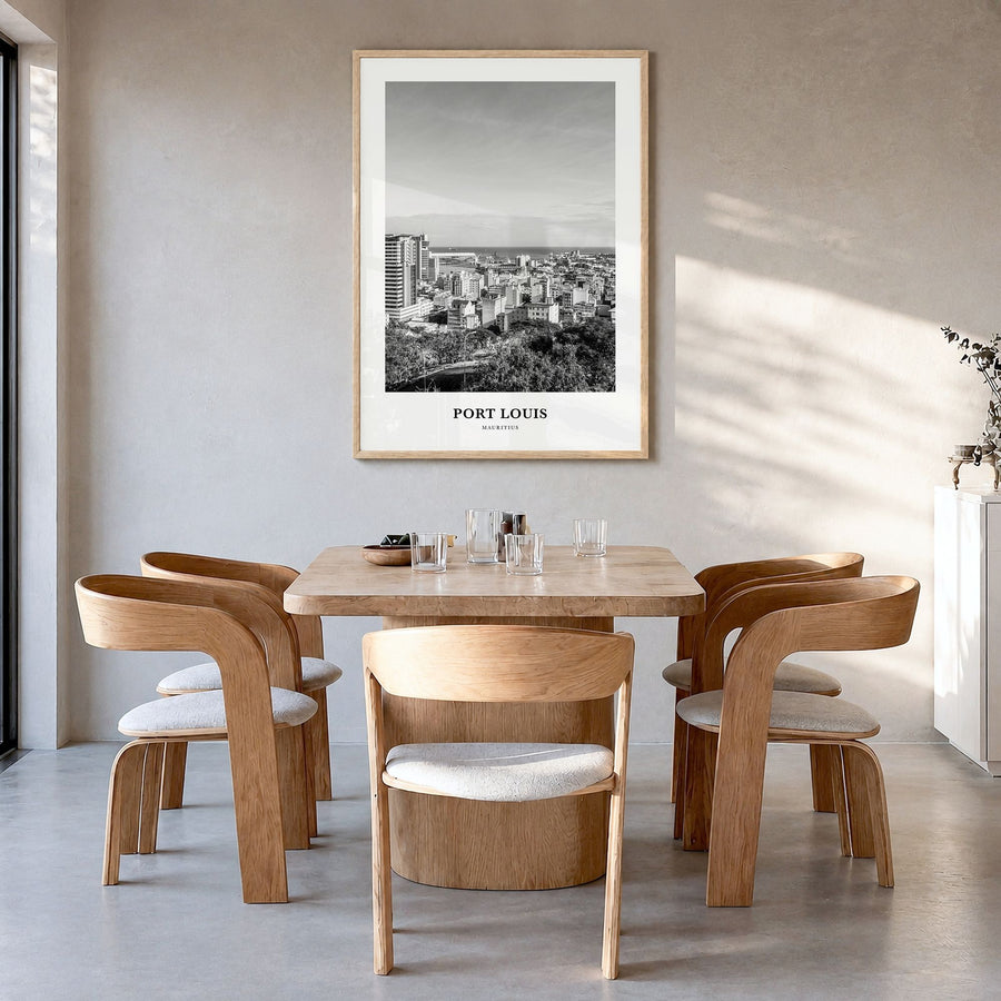 Port Louis Classic Poster in a natural wood frame, hanging in a dining room