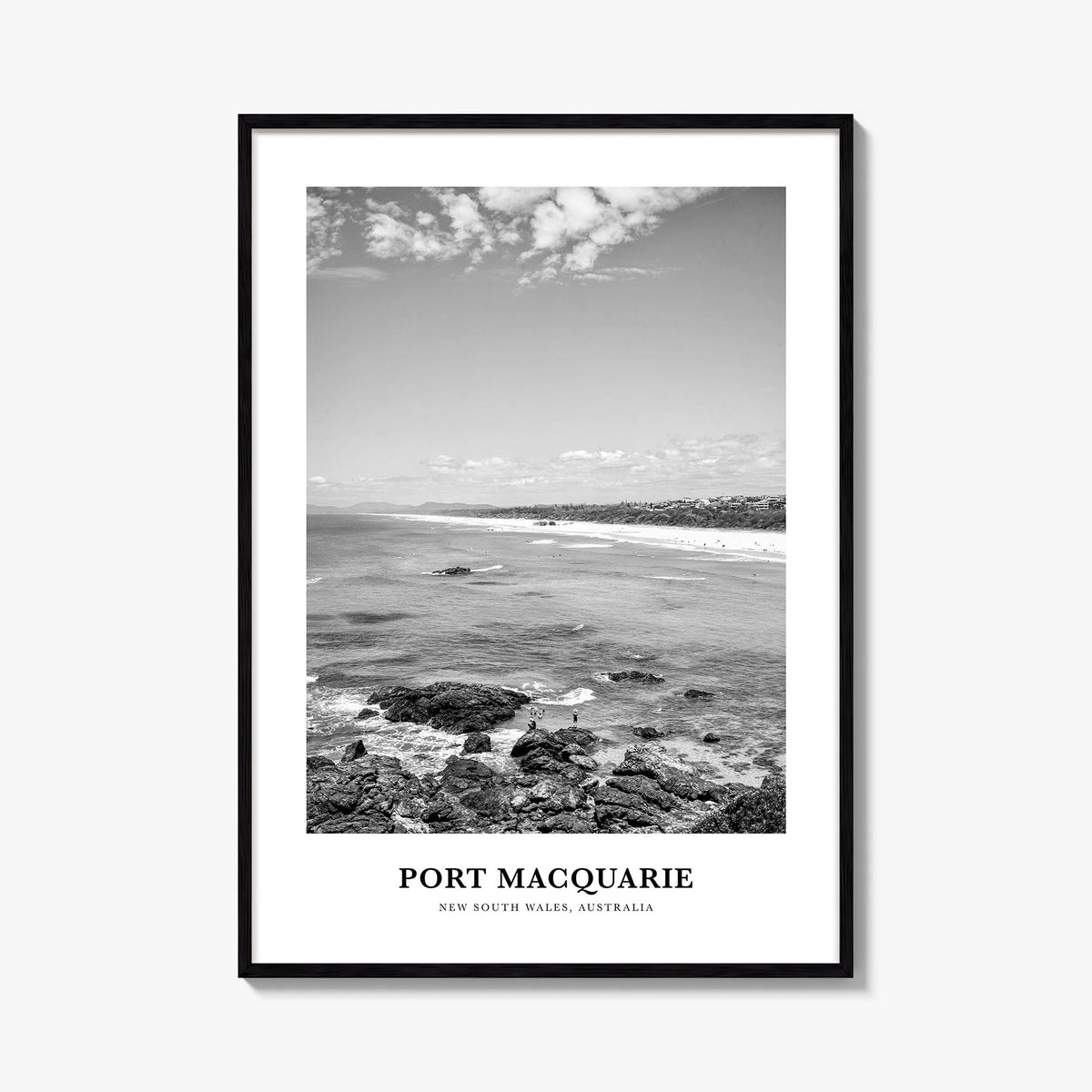 Port Macquarie black & white classic poster of Australia – vertical wall art, unframed print shown in interior mockup