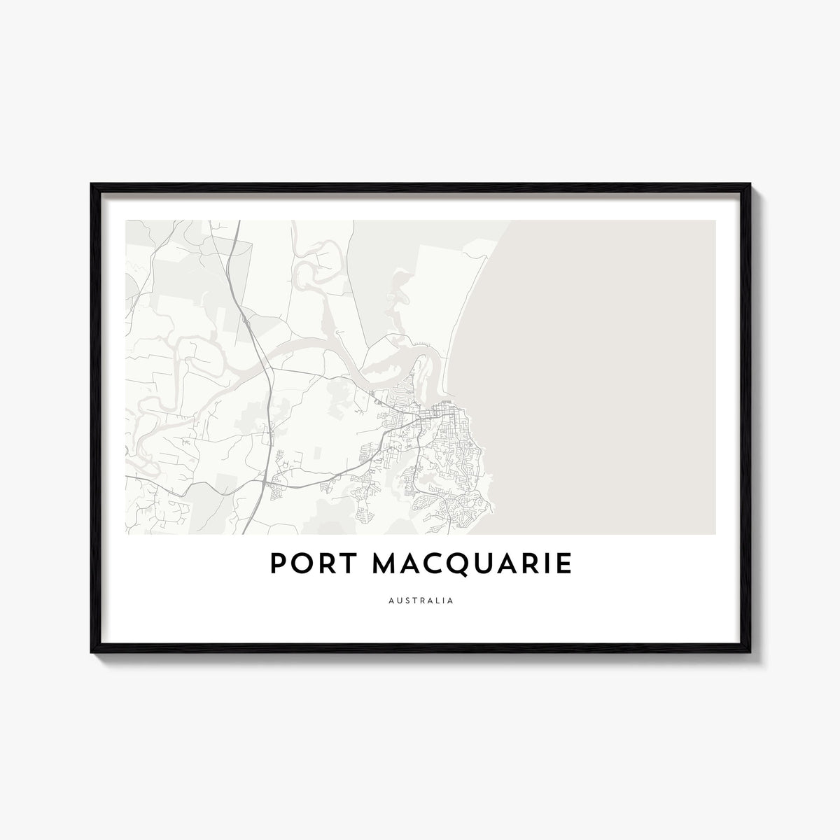 Port Macquarie black & white map poster of Australia – horizontal wall art, unframed print shown in interior mockup
