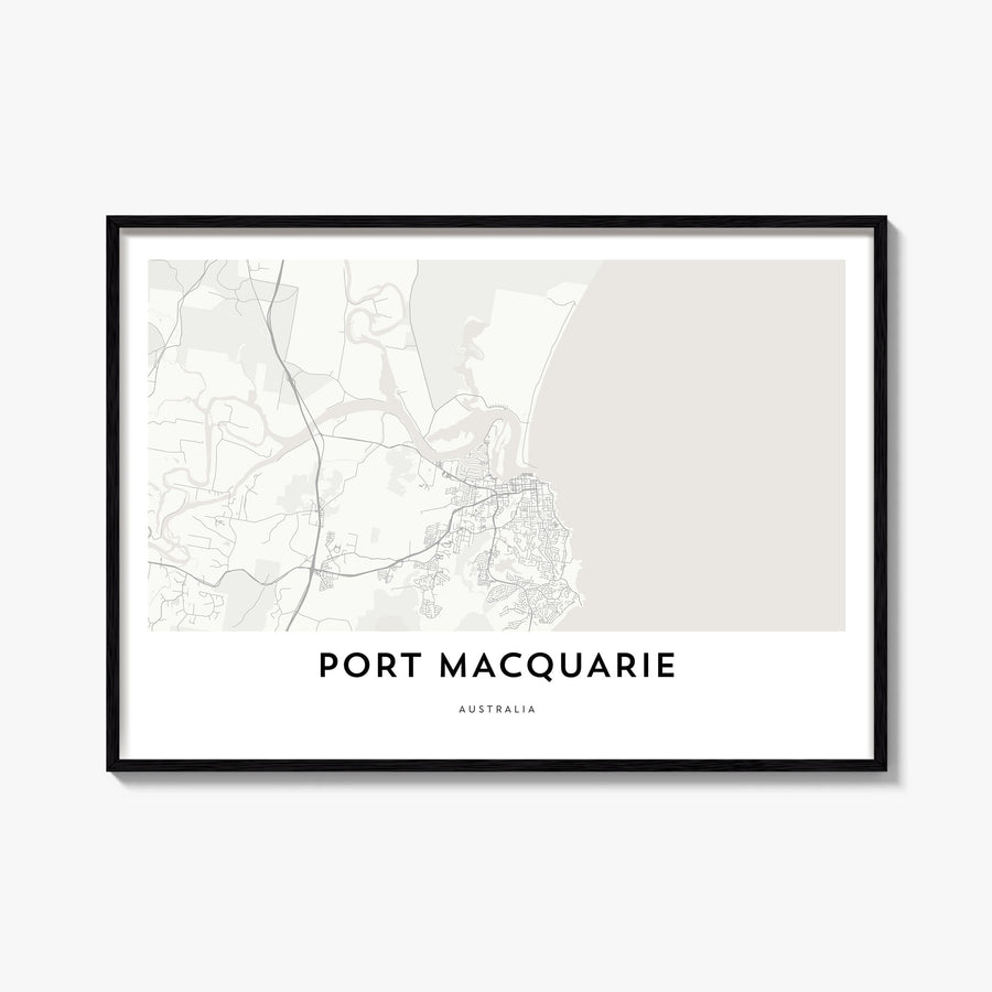 Port Macquarie black & white map poster of Australia – horizontal wall art, unframed print shown in interior mockup