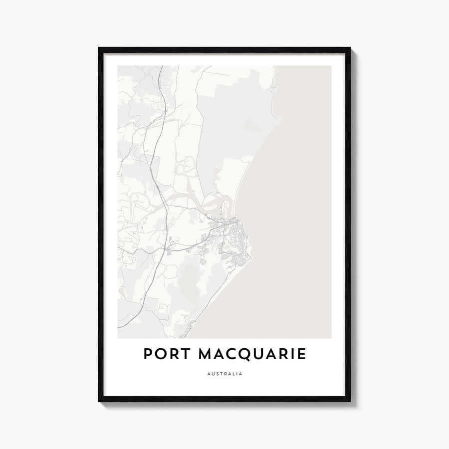 Port Macquarie black & white map poster of Australia – vertical wall art, unframed print shown in interior mockup