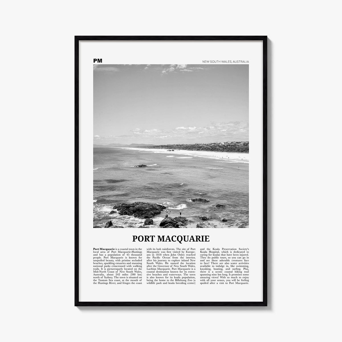 Port Macquarie black & white newspaper poster of Australia – vertical wall art, unframed print shown in interior mockup
