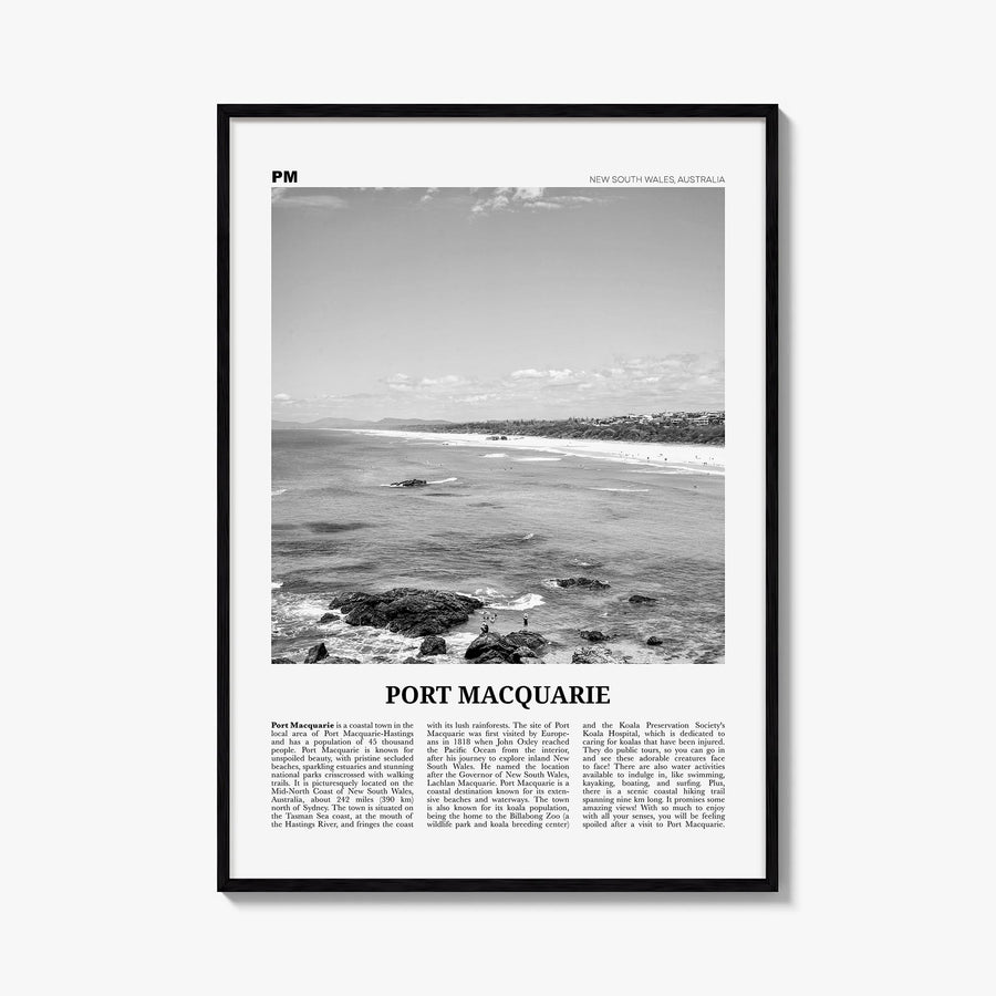 Port Macquarie black & white newspaper poster of Australia – vertical wall art, unframed print shown in interior mockup