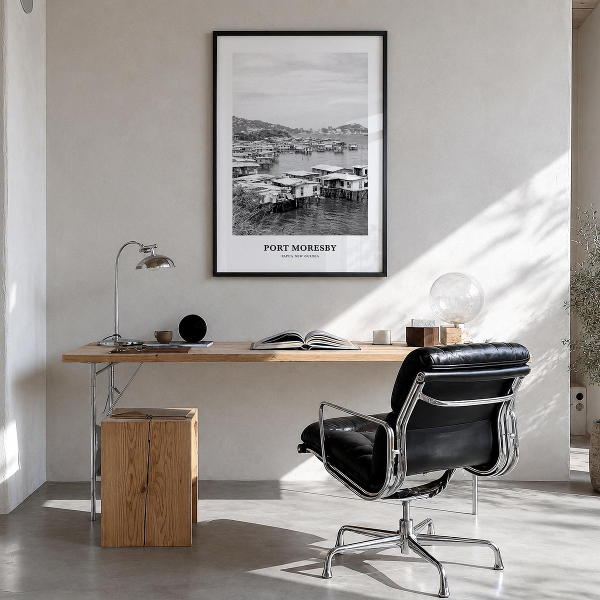 Port Moresby black & white classic poster of Papua New Guinea – vertical wall art in black wood frame, hanging on wall