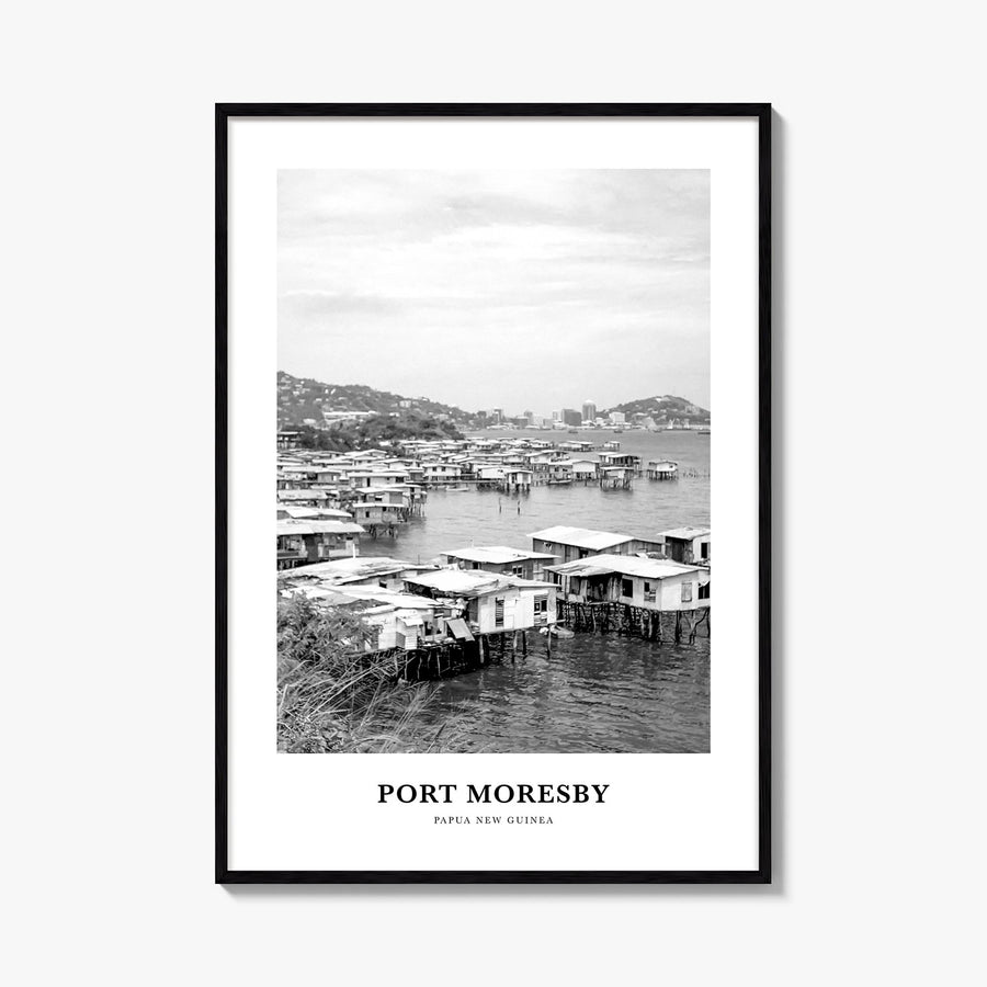 Port Moresby black & white classic poster of Papua New Guinea – vertical wall art, unframed print shown in interior mockup
