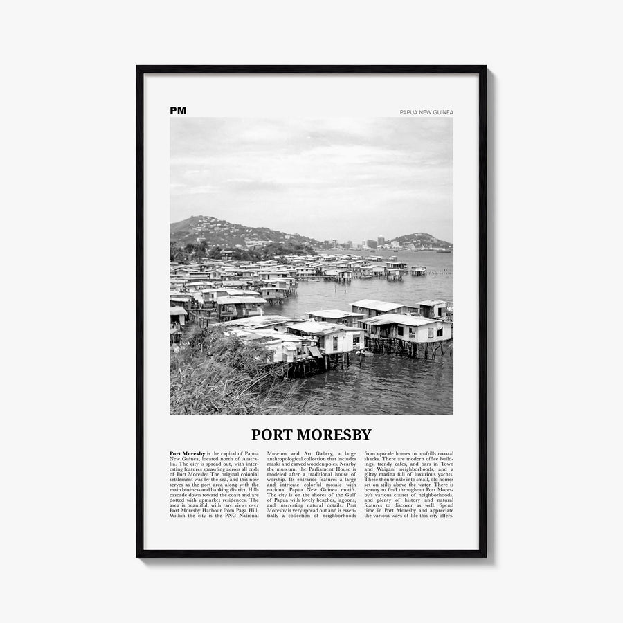 Port Moresby black & white newspaper poster of Papua New Guinea – vertical wall art, unframed print shown in interior mockup