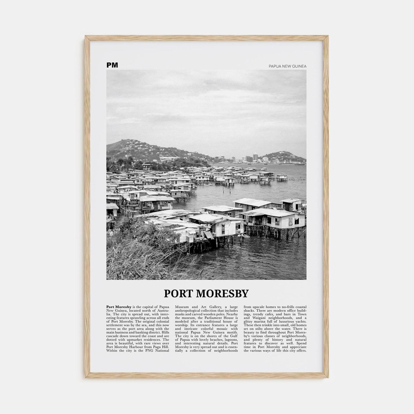 Port Moresby Poster Natural Wood / 8x12 in Nbourhood Travel B&W Poster