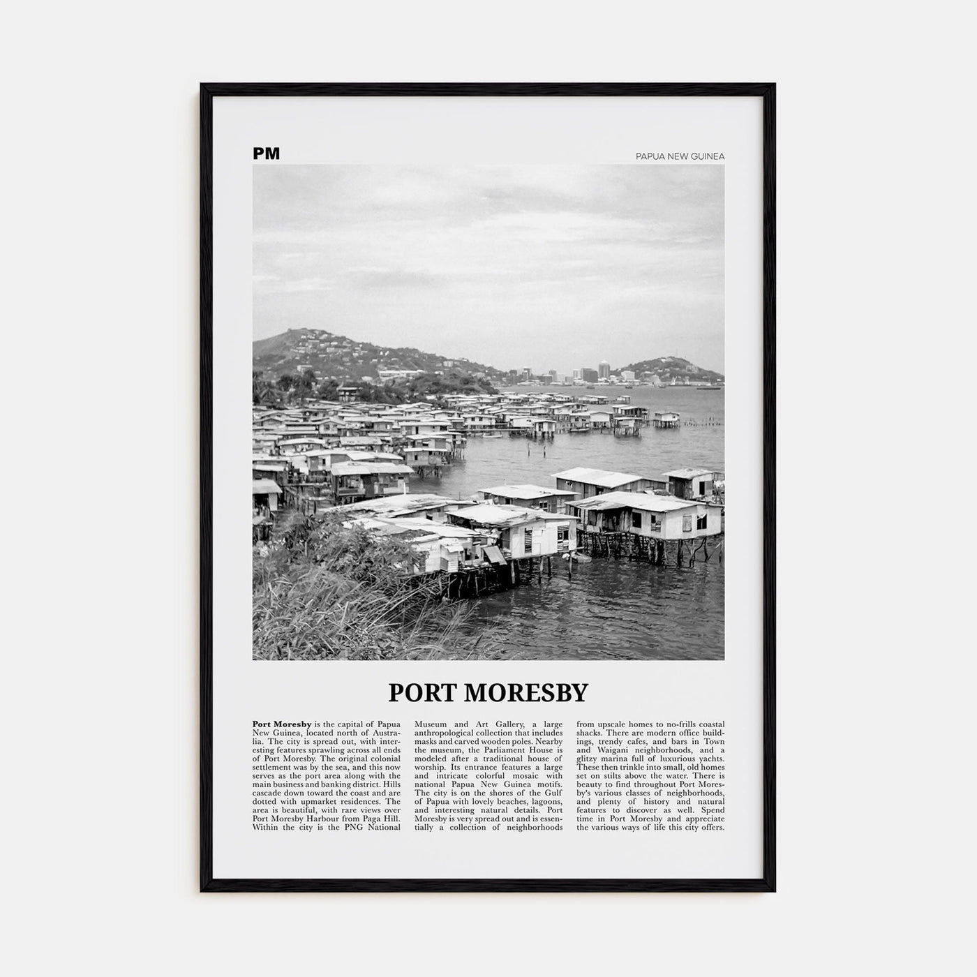 Port Moresby Poster Black Wood / 8x12 in Nbourhood Travel B&W Poster