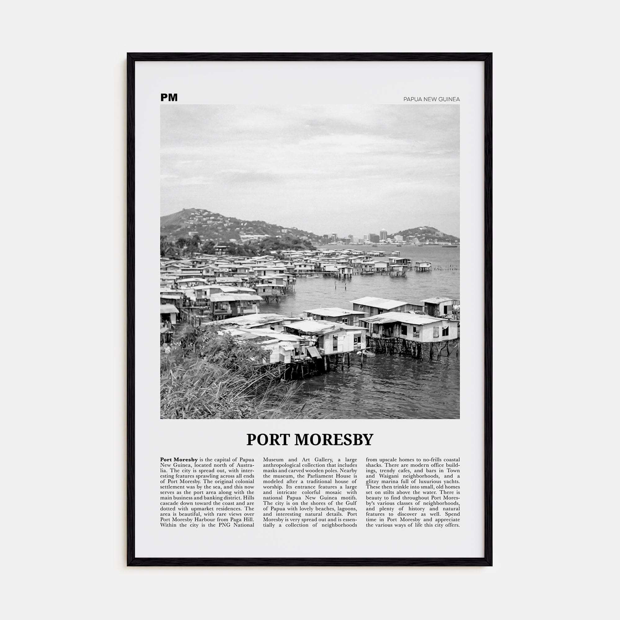 Port Moresby Poster Black Wood / 8x12 in Nbourhood Travel B&W Poster