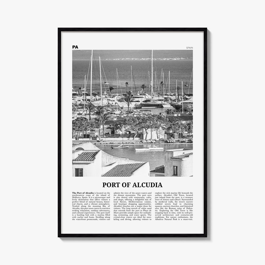 Port d'Alcúdia no. 2 black & white newspaper poster of Spain – vertical wall art, unframed print shown in interior mockup
