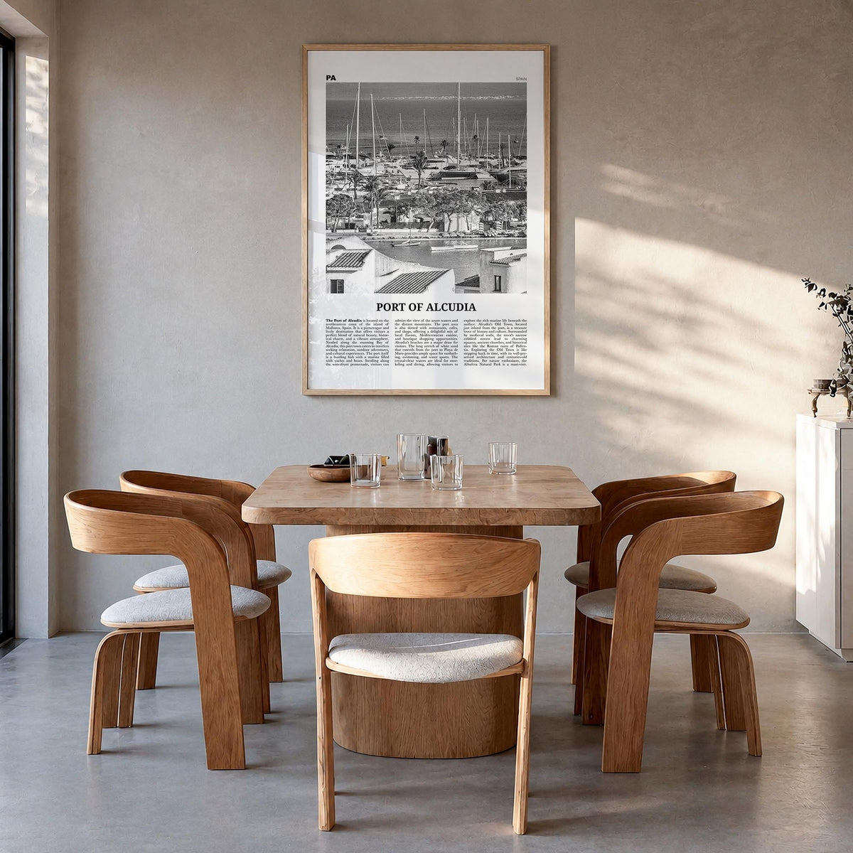 Port d'Alcúdia no. 2 black & white newspaper poster of Spain – vertical wall art in natural wood frame, hanging on wall