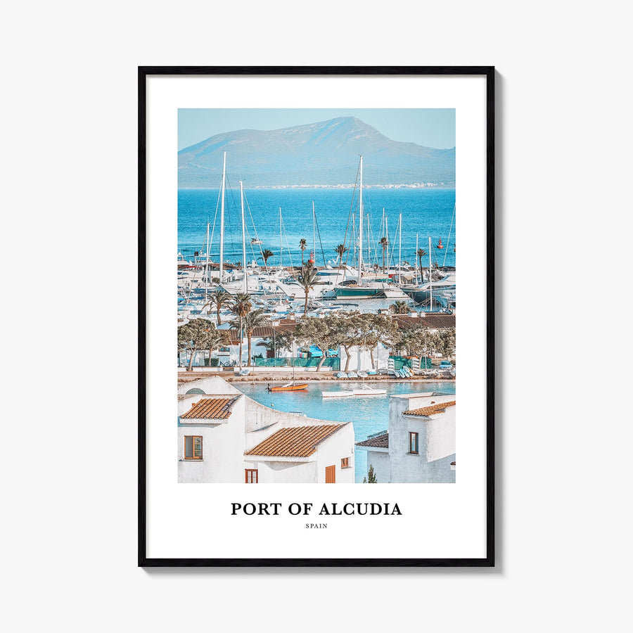 Port d'Alcúdia colorful classic poster of Spain – vertical wall art, unframed print shown in interior mockup